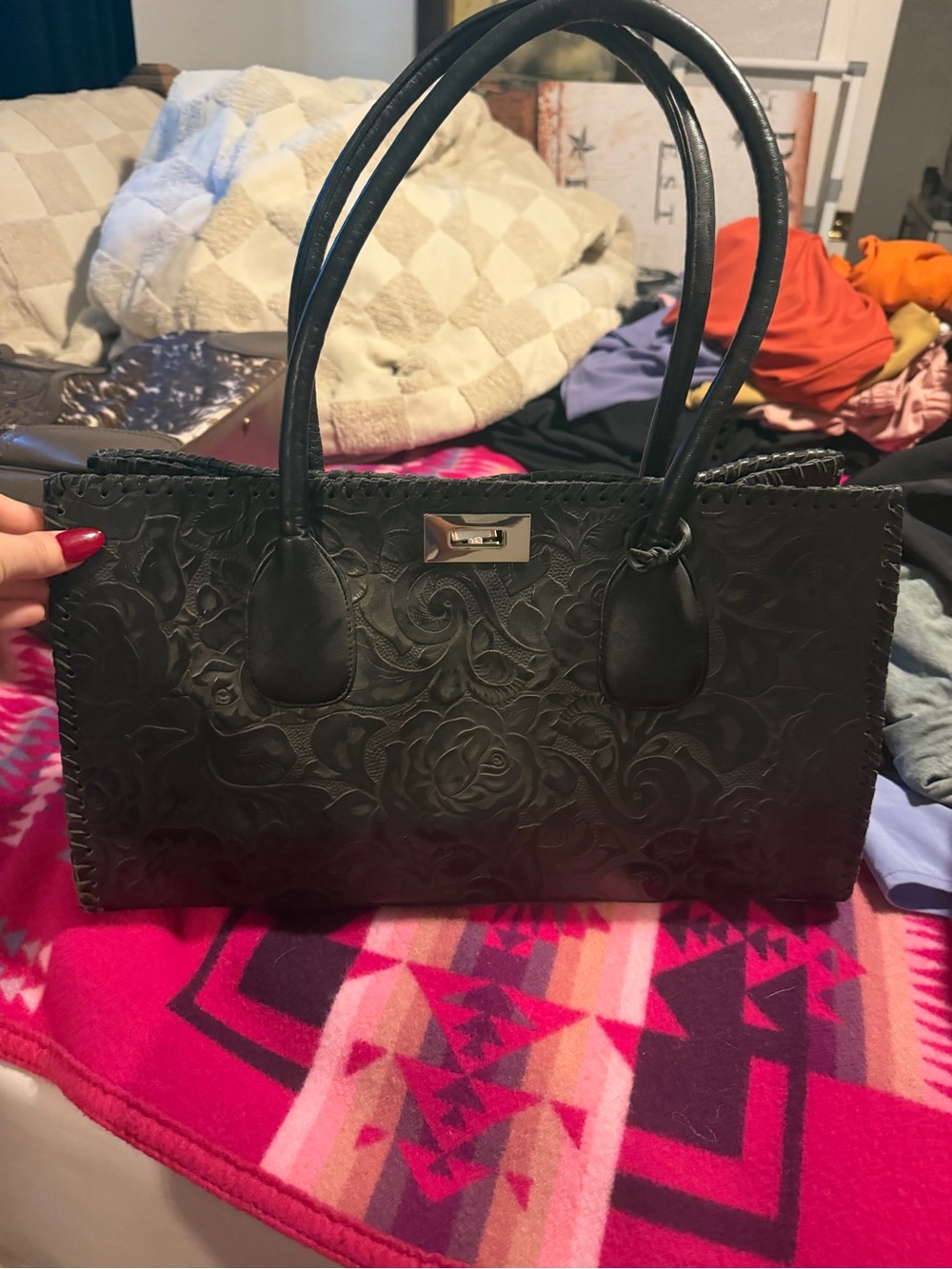 Black Floral Embossed Leather Shoulder Bag